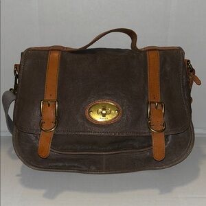 Fossil Leather Messenger Bag taupe & tan turnlock men’s/women’s